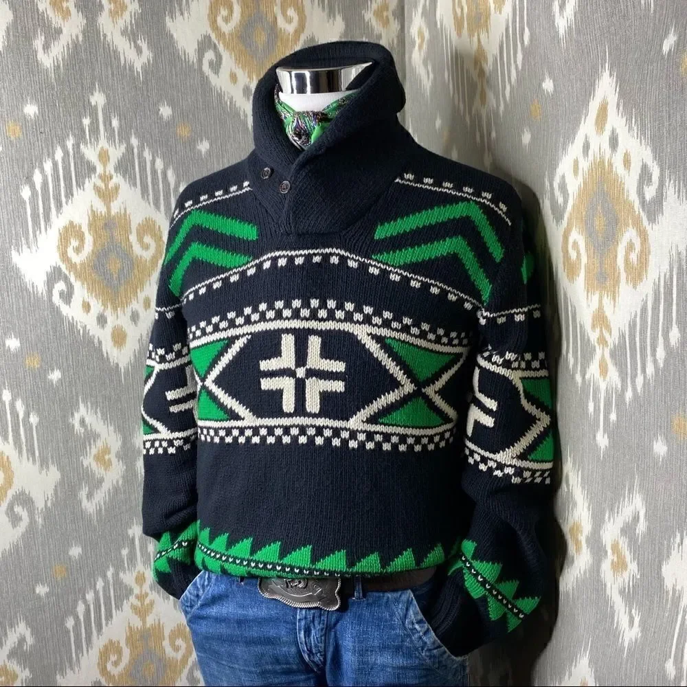 Polo Ralph Lauren Black & Green Multi Geometric Shawl Collar Sweater